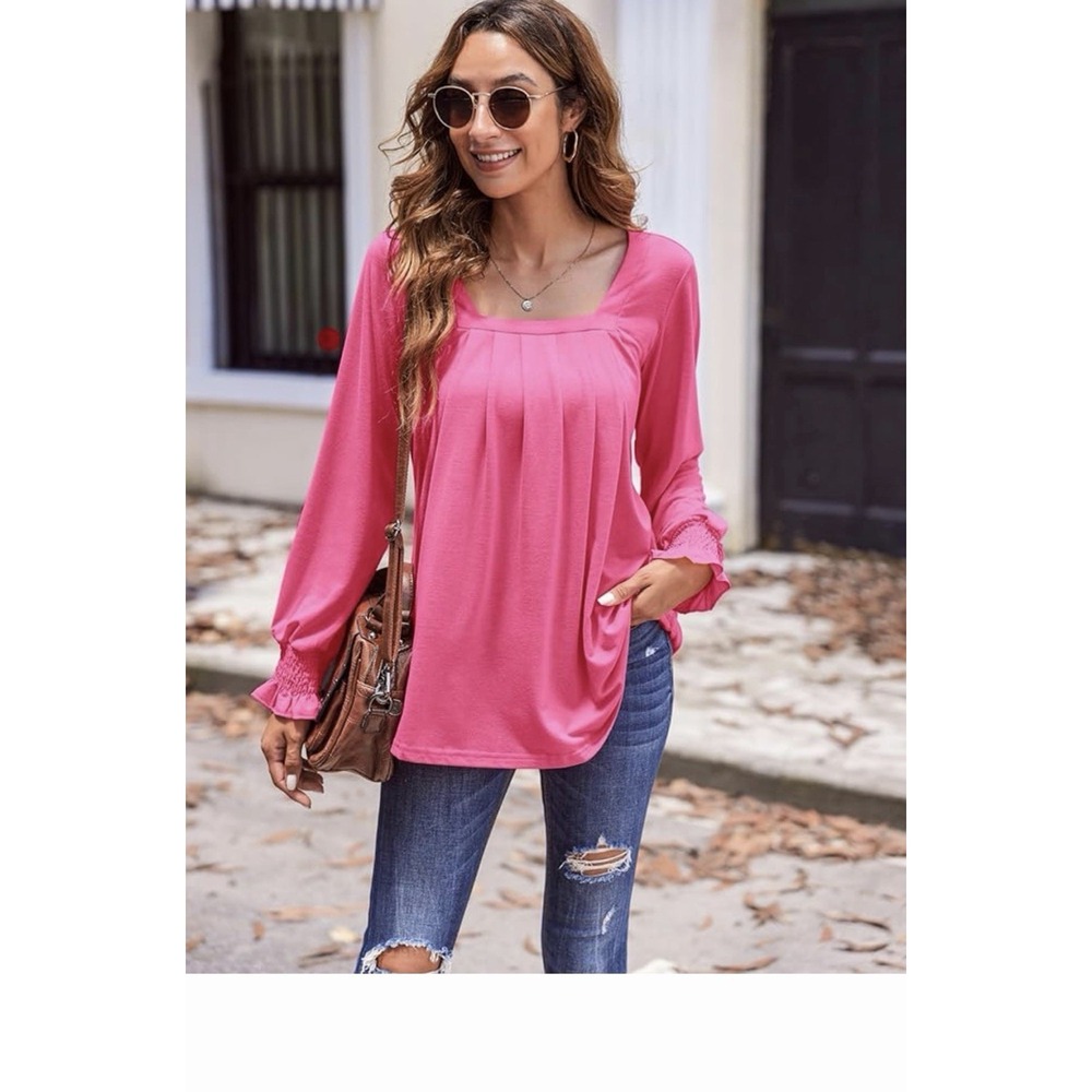 Zeagoo‎ Women's Square Neck Long Sleeve Loose Fit Top Size L Pink Large Pleated